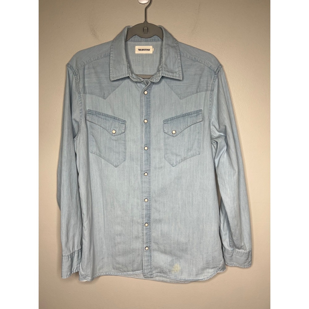Taylor Stitch Western Shirt Light Wash Selvedge Denim Pearl Snap Front Men's 40